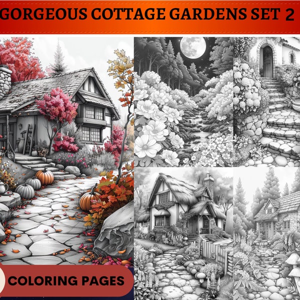 60 Gorgeous Cottage Gardens Set 2 Grayscale Coloring Pages | Printable Adult Coloring Pages | Download Grayscale Illustration | Flowers