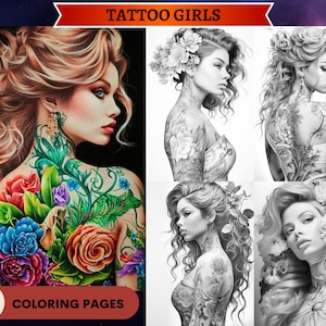 42 Tattoo Girls Grayscale Coloring Pages | Sensual Girls Coloring Pages | Flowers Tattoos | Printable Adult Coloring Pages | Printable PDF