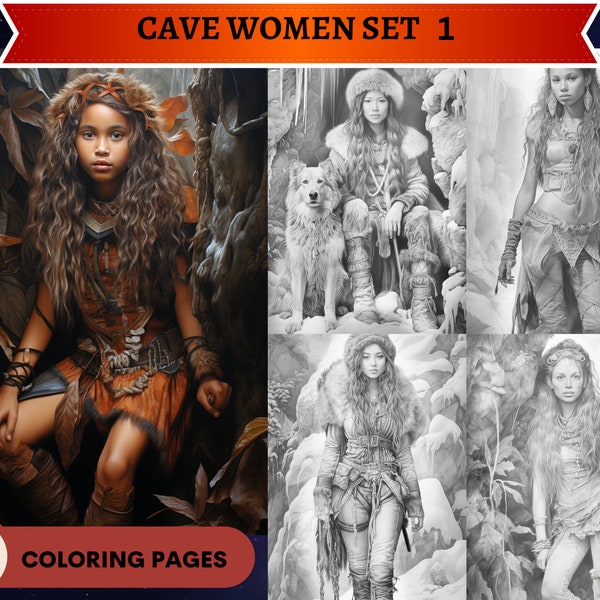 50 Cave Women Grayscale Coloring Pages | Prehistoric Women | Printable Adult Coloring Pages | Download Grayscale Illustration