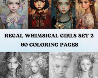 90 Regal Whimsical Girls Set 2 Grayscale Coloring Pages Printable Adult Coloring Pages Download Grayscale Illustration Fairies Fairy Women