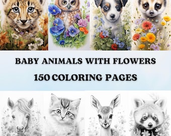 150 Cute Baby Animals with Flowers Grayscale Coloring Pages | Printable Adult Coloring Pages | Download Grayscale Illustration
