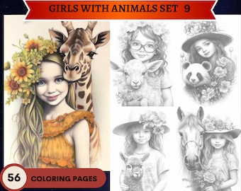 56 Hermosas Niñas con Animales Set 9 Páginas para colorear / Páginas para colorear para adultos imprimibles / Escala de grises / PDF imprimible