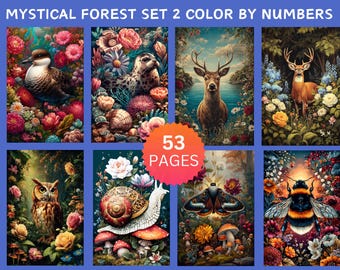 Peut inclure: Une collection de huit illustrations colorées représentant des animaux et des plantes de la forêt. Les images incluent un canard, un phoque, un cerf, un hibou, un escargot, un papillon de nuit et une abeille, entourés de fleurs et de feuillages. Le texte "MYSTICAL FOREST SET 2 COLOR BY NUMBERS" et "53 PAGES" est affiché.