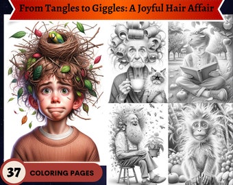 37 "From Tangles to Giggles: A Joyful Hair Affair" Grayscale Coloring Pages | Printable Adult Coloring Pages | Download Grayscale