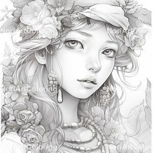 May include: A black and white illustration of a woman with long hair, wearing a hat adorned with flowers and a necklace. She has a delicate, feminine look.