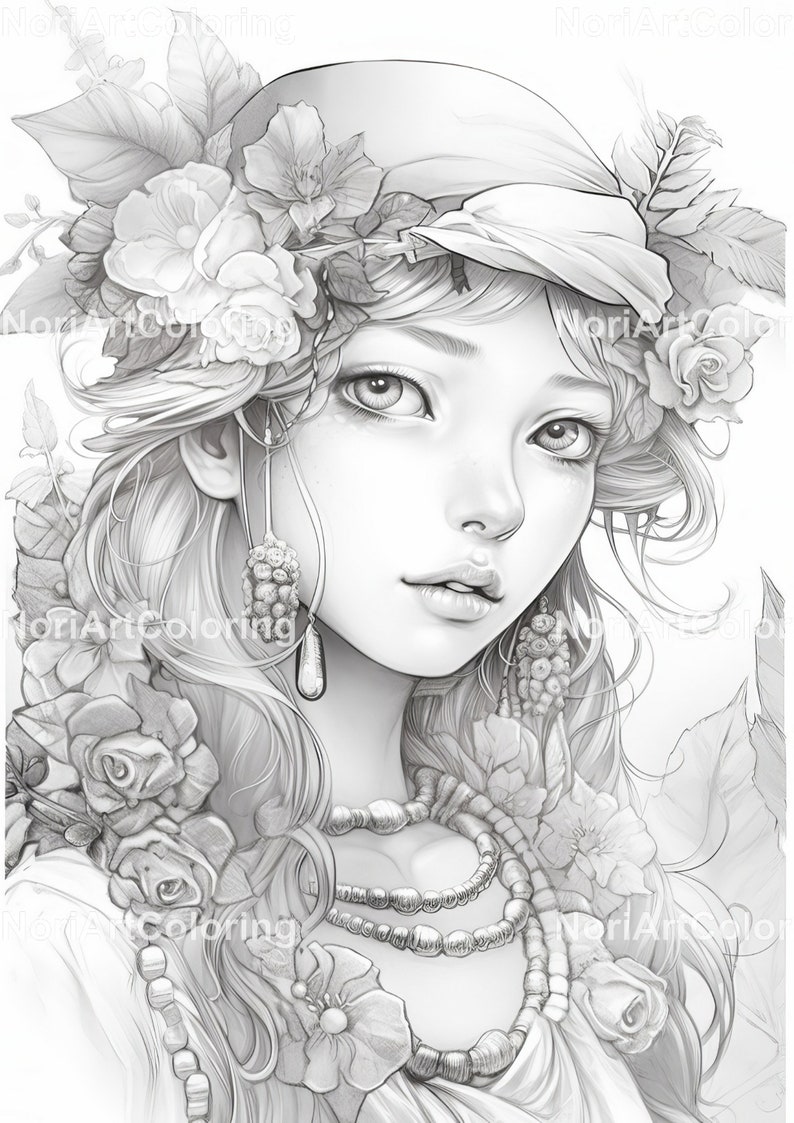 May include: A black and white illustration of a woman with long hair, wearing a hat adorned with flowers and a necklace. She has a delicate, feminine look.