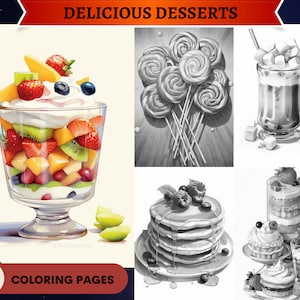 47 Delicious Desserts Grayscale Coloring Pages |Cakes Lollipops Icecream| Printable Adult Coloring Pages | Download Grayscale Illustration