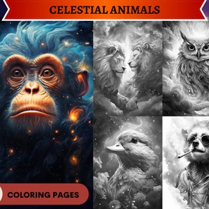 70 Celestial Animals Grayscale Coloring Pages | Nebulas Stars Animals | Printable Adult Coloring Pages | Download Grayscale Illustration