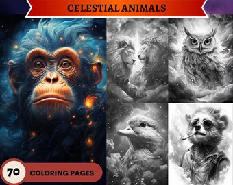 70 páginas para colorear de animales celestes en escala de grises / Nebulosas, estrellas y animales / Páginas para colorear para adultos imprimibles / Descargar ilustración en escala de grises