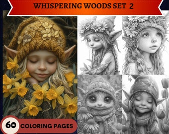 60 Whispering Woods Set 2: Elves and Enchanted Beings Coloring Pages | Printable Adult Coloring Pages | Download Grayscale Illustration