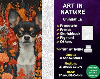 Color by Number, Digital Coloring Pages, Paint by Numbers, Procreate Coloring Book, Adults Coloring Book, Art in Nature Chihuahua