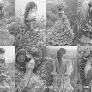 75 maravillosos vestidos de la naturaleza Páginas para colorear en escala de grises / Páginas para colorear para adultos imprimibles / Descargar ilustración en escala de grises imagen 7