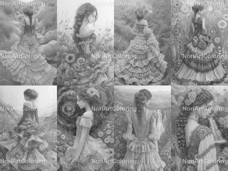 75 maravillosos vestidos de la naturaleza Páginas para colorear en escala de grises / Páginas para colorear para adultos imprimibles / Descargar ilustración en escala de grises imagen 7