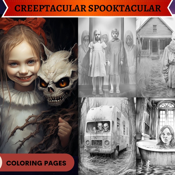 70 Creeptacular Spooktacular Grayscale Coloring Pages | Scary Creepy Horror Eerie | Adult Coloring Pages | Printable PDF | Instant Download