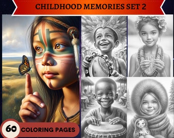 60 recuerdos de la infancia conjunto 2 páginas para colorear en escala de grises / Páginas para colorear para adultos imprimibles / Descargar escala de grises