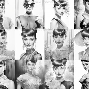 42 Audrey Hepburn Color Clipart &amp; Grayscale Coloring Pages Set 3 ...