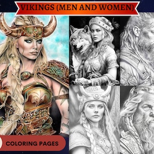 41 Vikings (men and women) Grayscale Coloring Book | Printable Adult Coloring Pages | Download Grayscale Illustration