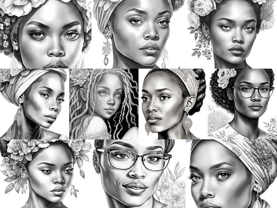 Black Beauties Adult Coloring Book: 52 beautiful drawings of black women  with floral hair to color for adults and teens | African American Girl hair  