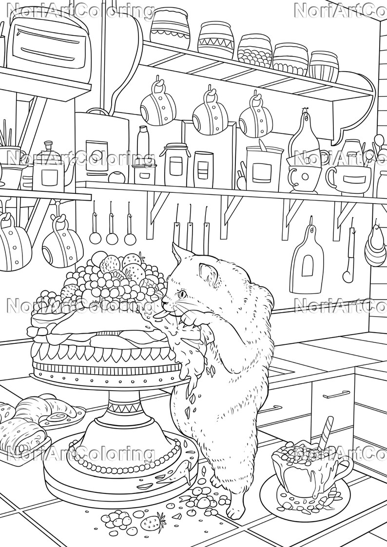 Puede incluir: Un dibujo en blanco y negro de un gato en una cocina, comiendo un pastel que se ha ca&iacute;do de un pedestal. El pastel est&aacute; decorado con fruta y tiene un glaseado blanco. El gato est&aacute; de pie sobre sus patas traseras y tiene sus patas delanteras sobre el pastel. Hay otros art&iacute;culos de cocina en el fondo, incluyendo un estante con frascos y una taza en una mesa.