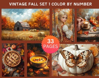 May include: Vintage Fall Set 1 Color by Number. The image features a collection of fall-themed illustrations, including a barn, a woman on a swing, a cup of coffee, a pie, soup, and a pumpkin with a butterfly. The set includes 33 pages.