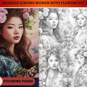 25 Japanese Kimono Women with Flowers Set 2 | Bright Medium and Dark | Printable Adult Coloring Pages | Download Grayscale Illustration