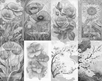 100 Art Nouveau Flowers Coloring Book Pages, Vintage Frames