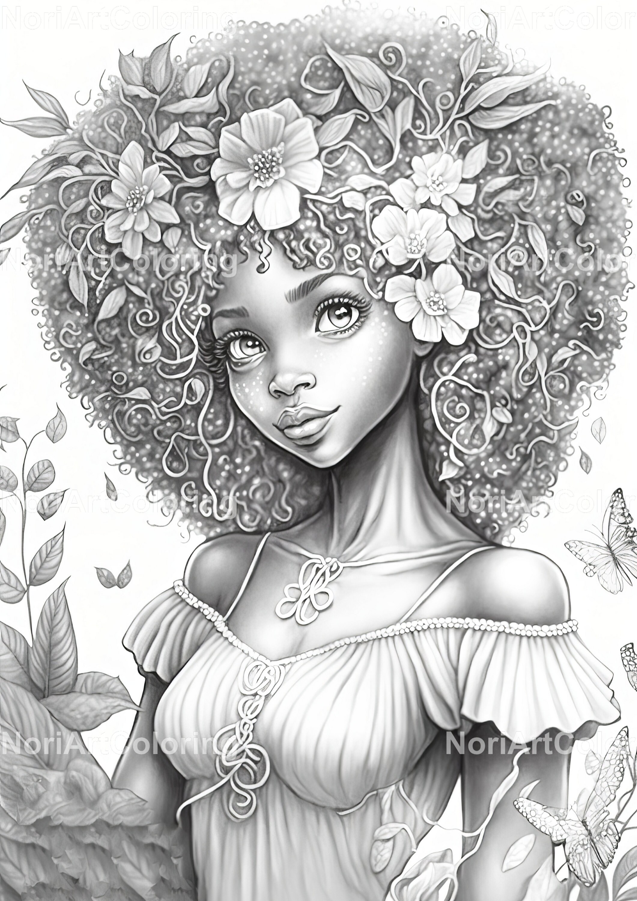 Black Beauties Adult Coloring Book: 52 beautiful drawings of black women  with floral hair to color for adults and teens | African American Girl hair  