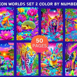 Peut inclure: Un ensemble d'illustrations vives intitul&eacute; "Neon Worlds Set 2 Color By Numbers" pr&eacute;sentant huit images color&eacute;es d'animaux et de paysages. Les images incluent une grenouille, un h&eacute;risson, un ours, des flamants roses, des hippopotames, un l&eacute;opard, un lapin et des loups. L'ensemble comprend 50 pages.