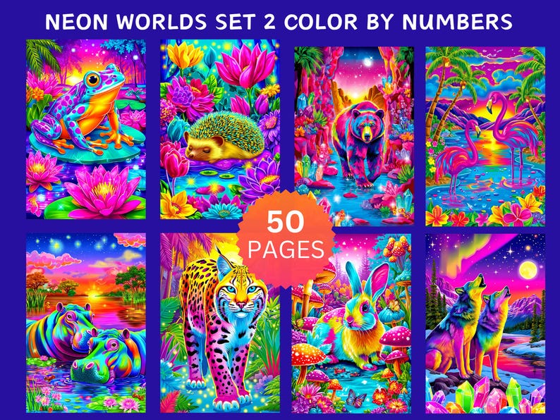 Peut inclure: Un ensemble d'illustrations vives intitul&eacute; "Neon Worlds Set 2 Color By Numbers" pr&eacute;sentant huit images color&eacute;es d'animaux et de paysages. Les images incluent une grenouille, un h&eacute;risson, un ours, des flamants roses, des hippopotames, un l&eacute;opard, un lapin et des loups. L'ensemble comprend 50 pages.