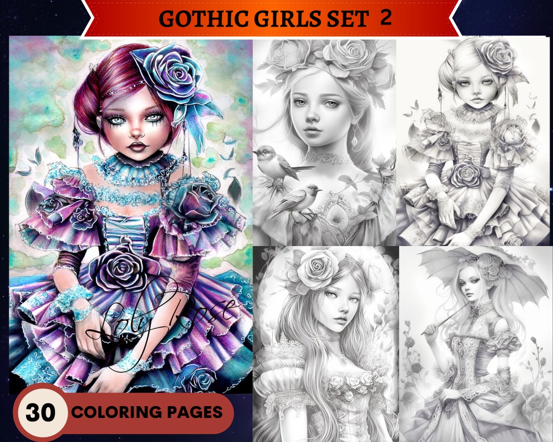 30 Gothic Girls Set 2 Coloring Pages Bright, Medium and Dark Versions ...