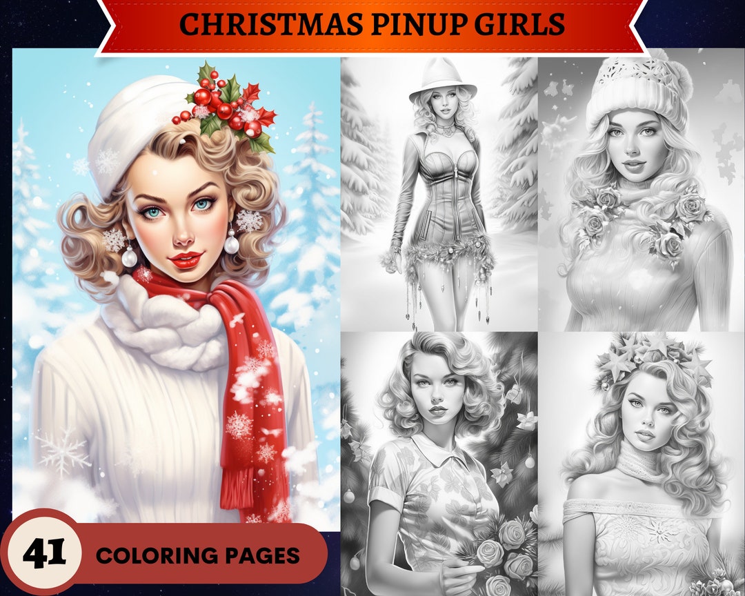 41 Christmas Pinup Girls Grayscale Coloring Pages christmas Vintage ...