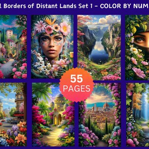 May include: A set of eight colorful illustrations with floral borders, titled "Floral Borders of Distant Lands Set 1 - COLOR BY NUMBERS." The images depict various landscapes, including a woman's face, a canyon, and cityscapes. The set includes 55 pages.
