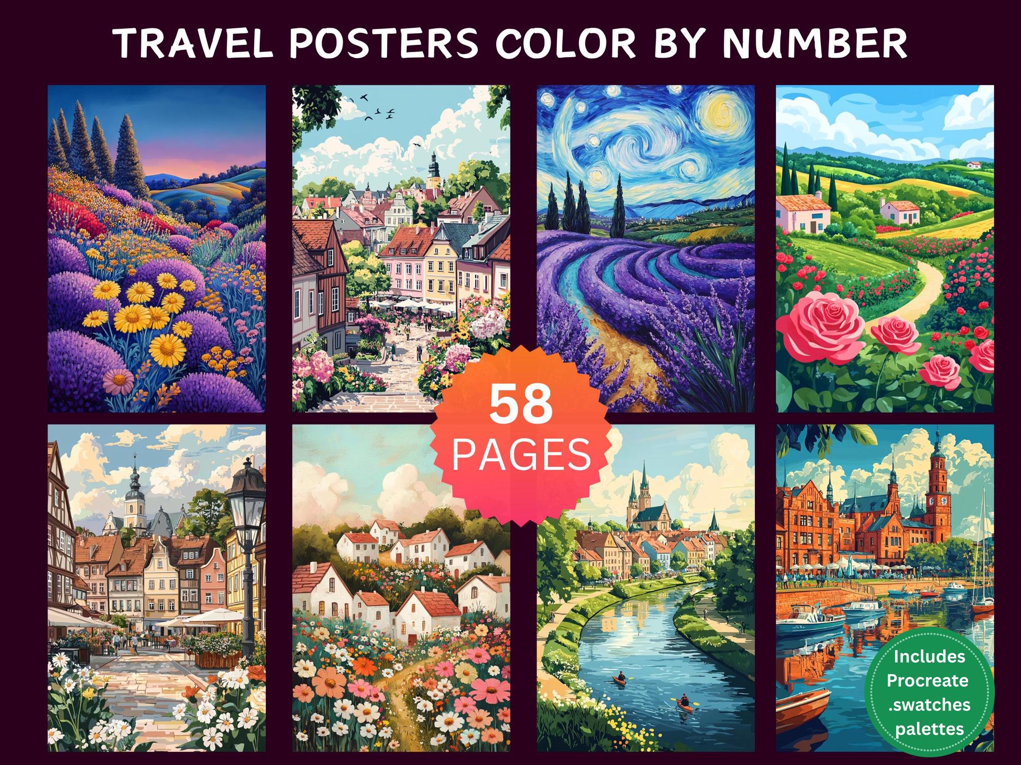 58 Pósters de viaje por Europa para colorear por números | Pack de páginas de colorear digitales para adultos (PDF, PNG, JPG, SVG, Procreate)