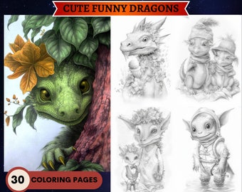 30 Funny Dragons Coloring Book | Coloring pages Adults and kids | Instant Download Grayscale Coloring Page|Printable PDF|Dragons coloring