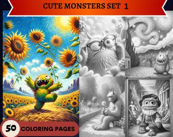 50 Cute Monsters Set 1 Grayscale Coloring Pages | Printable Adult Coloring Pages | Download Grayscale Illustration