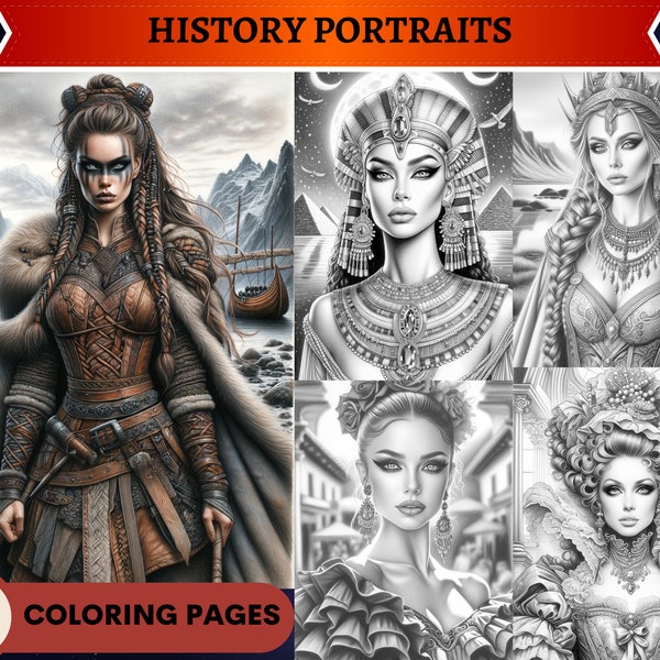 50 portraits historiques à colorier en niveaux de gris | Coloriages à imprimer pour enfants adultes | Télécharger en niveaux de gris | Reines Vikings Geishas Égyptienne