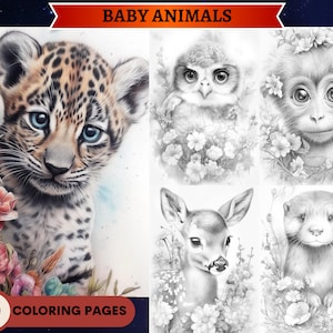 40 Cute Baby Animals Grayscale Coloring Pages | Printable Adult Coloring Pages | Download Grayscale Illustration