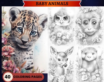 40 Cute Baby Animals Grayscale Coloring Pages | Printable Adult Coloring Pages | Download Grayscale Illustration