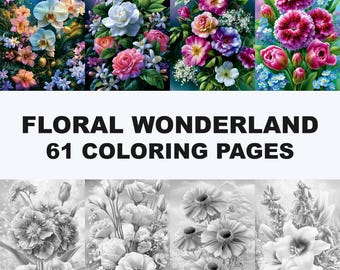 61 pagine da colorare in scala di grigi a tema "Paese delle meraviglie floreali", un bellissimo libro da colorare con fiori, un pacchetto di pagine da colorare floreali.