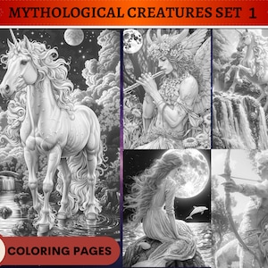52 mytologiska varelser Set 1 Gråskala målarbilder | Utskrivbara målarbilder för vuxna | Ladda ner gråskala