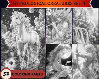 52 Criaturas Mitológicas Set 1 Páginas para colorear en escala de grises / Páginas para colorear para adultos imprimibles / Descargar escala de grises