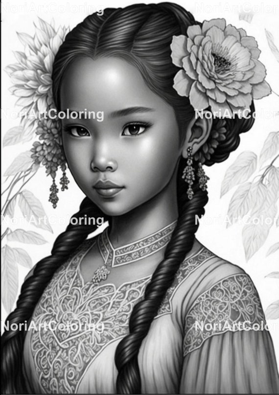 15 Grayscale Beautiful Little Girls With Flowers Coloring Pages Vol 4  Printable Adult Coloring Pages Download Grayscale Illustration 
