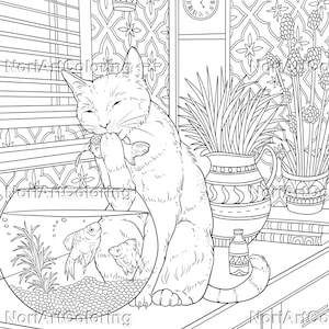 10 Mischievous Cats Coloring pages | Printable Adult Coloring Pages | Download Lineart Illustration | Printable PDF and PNG file | Line Art