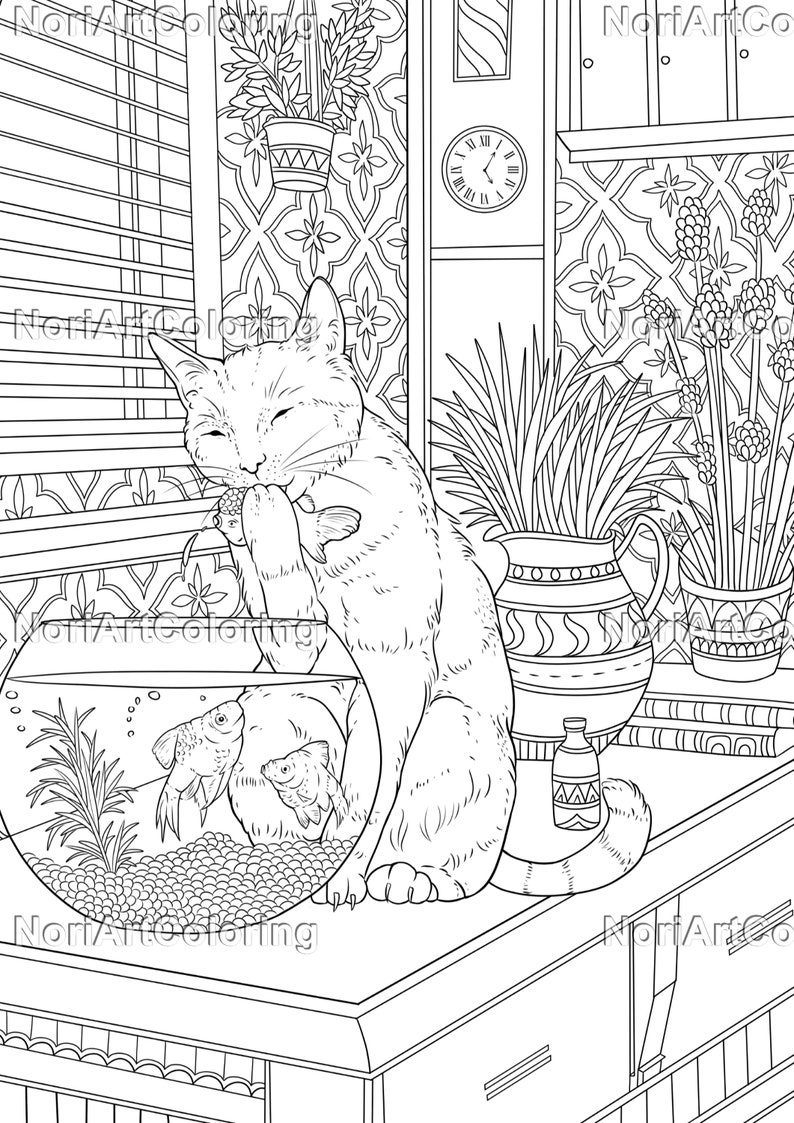 Puede incluir: Un dibujo en blanco y negro de un gato sentado en una mesa junto a una pecera con dos peces dorados dentro. El gato est&aacute; mirando la pecera y parece que quiere alcanzar los peces. Hay una planta en maceta y un reloj en la pared detr&aacute;s del gato.