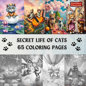 Secret Life of Cats Grayscale Coloring Pages | Cute cats kittens coloring | Fantasy Story Cats Coloring Book |Digital Printable Book