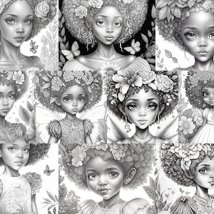 10 beautiful Afro Fairies coloring pages Vol 3 | Black Women | Printable Adult Coloring Book | Download Grayscale Illustration | Black Women