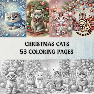 53 Christmas Cats Grayscale Coloring Pages | Winter Cats Animals | Pets Coloring | Digital Printable Coloring Book for Adults | PDF Download