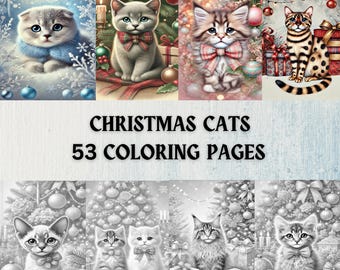 53 Weihnachtskatzen Graustufen Ausmalbilder | Winter Katzen Tiere | Haustiere Ausmalbilder | Digitales Malbuch für Erwachsene | PDF-Download