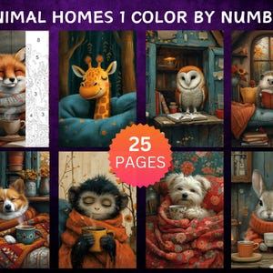 25 Color by Number Pages, Digital Coloring Pages, Paint by Numbers Bundle, Procreate Adults Coloring Book, Animal Homes Set 1