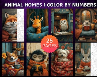 25 Color by Number Pages, Digital Coloring Pages, Paint by Numbers Bundle, Procreate Adults Coloring Book, Animal Homes Set 1